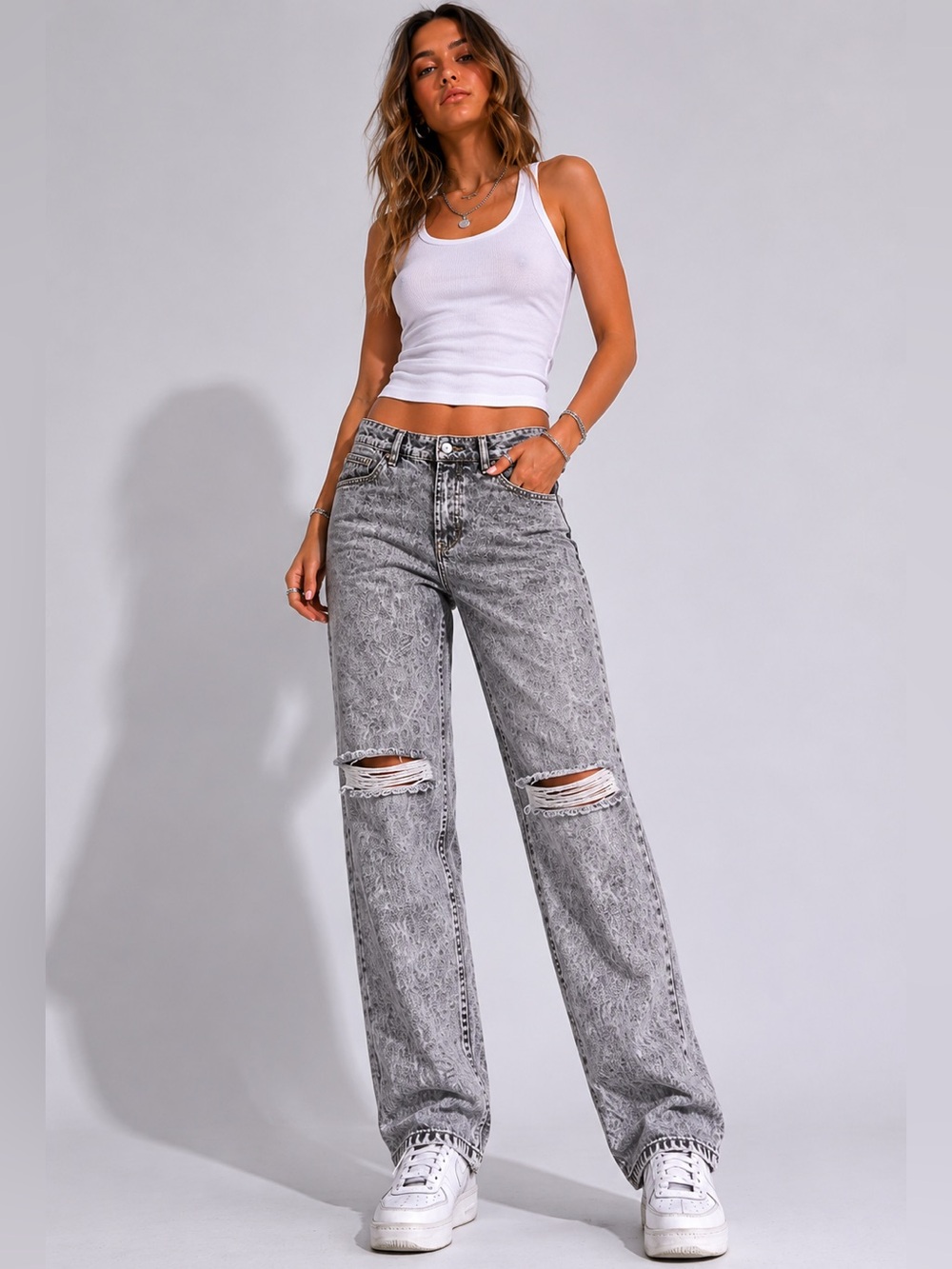 OneTeaspoon Gray Acid Wash Distressed Boyfriend Jeans Size 26 Relaxed Denim